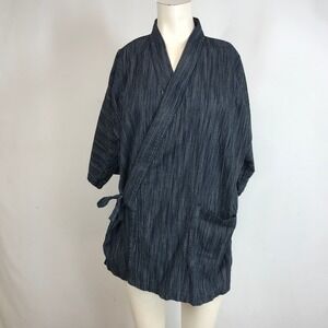 MUJI Navy Blue Pinstripe Textured Cotton Jinbei Kimono Wrap Top Mens Small S